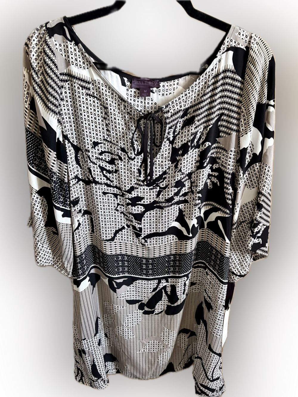 Hale Bob Black & White Graphic Silk Tie-Neck Mini Dress